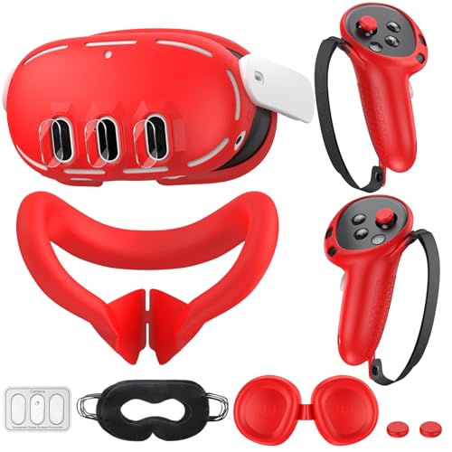 Silicone Cover Compatible with Meta/Oculus Quest 3 Accessories, VR Silicone Face Cover, VR Shell Cover,Touch Controller Grip Case,Camera Lens Protector Set (Red)