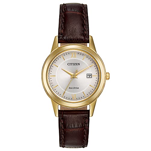 Citizen Ladies' Eco-Drive Classic Leather Strap Watch with 3-Hand Date, Brown Strap/Gold/ Champagne Dial