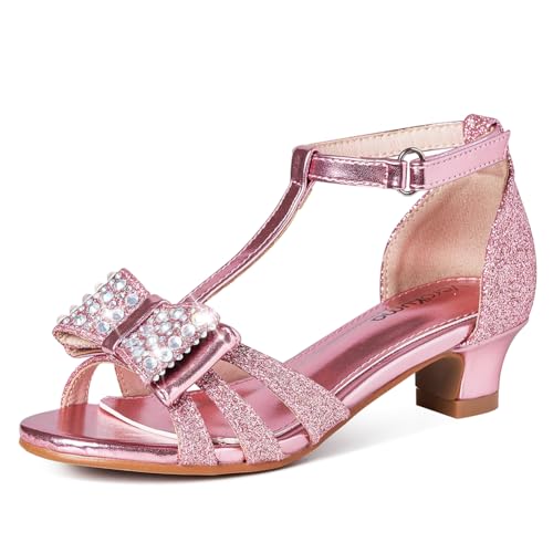 Verdkuma Pink Glitter Girls Sandals Low Heels Glittler Bow Dress Shoes Princess T Strap Sparkle Open Toe Wedding Party Rhinestone Crystal Buckle Strap Barbie Shoes for Girls Gold/Pink/Silver Size 12