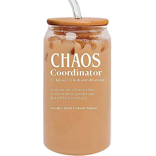 Chaos Coordinator Gifts - 16 oz iced coffee glass cup with bamboo lid and straw - Thank You Gifts for Coworker, Boss Lady Gifts for Women, Birthday Gifts for Manager, office, Teacher, Mom, Her, Nurse