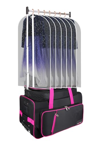 Heendzoo Dance Bag With Garment Rack,Dance Costumes Rolling Garment Bags For Travel,Garment Duffle Bag For Dance Competition, Wheeled Drop-Bottom Upright Luggage Closet Suitcase (23inch-Plus-Pink)