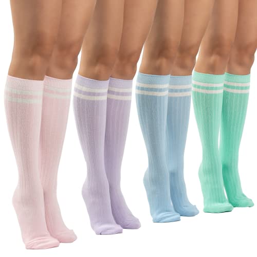 SERICI Knee Socks | 4 Pairs Cotton Striped Knee High Socks For Women or Men | Boys or Girls Tube Socks (Pastels + Mint)