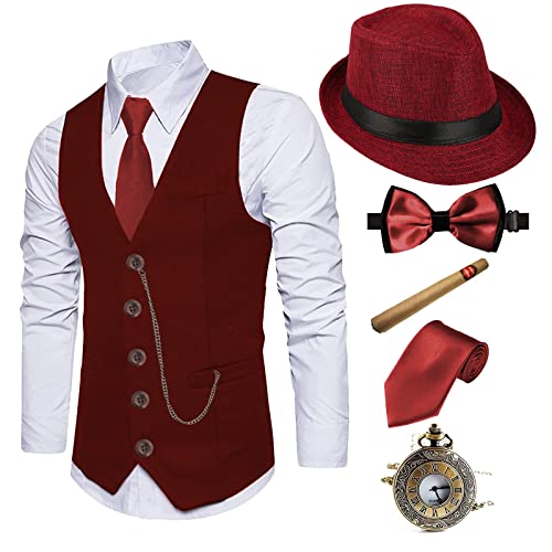 EFORLED 1920s Mens Costume Fedora Hat,Gatsby Gangster Vest,Vintage Pocket Watch,Pre Tied Bow Tie,Tie,BD-L