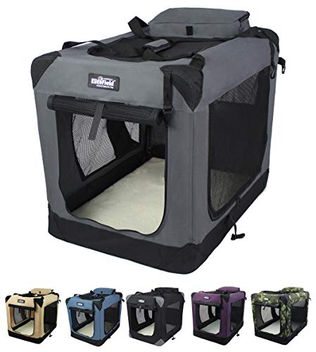 EliteField 3-Door Folding Soft Dog Crate with Carrying Bag and Fleece Bed (2 Year Warranty), Indoor & Outdoor Pet Home (36' L x 24' W x 28' H, Gray)
