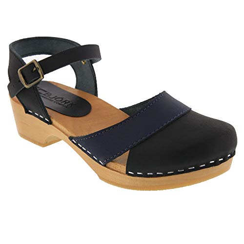 BJORK Swedish Comfort Women's Mila Low Heel Wooden Clog Sandals - (Black/Navy EU-39)