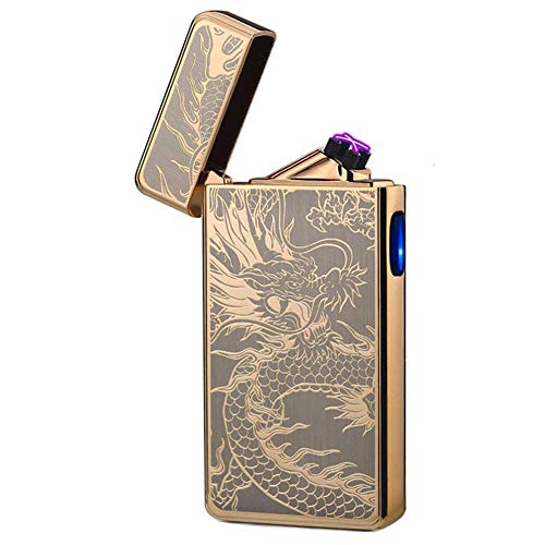 LcFun Electric Lighters Rechargeable USB Lighter, Plasma Dual Arc Lighter, Windproof Flameless Cool Lighters for Candles, Incense Stick, Outdoor Camping (Gold Dragon)