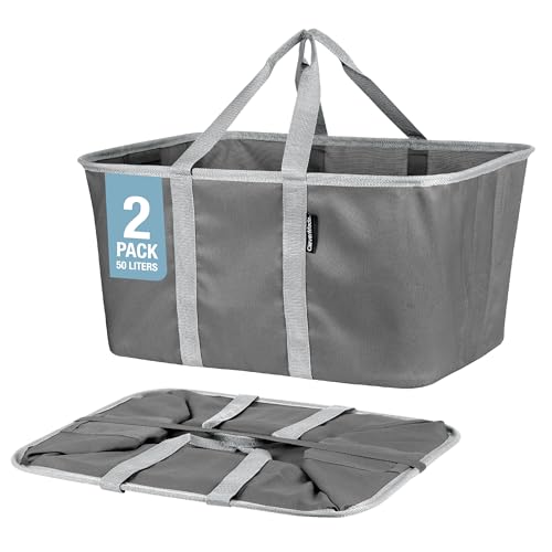 CleverMade Collapsible Laundry Tote, Charcoal/Gray 2PK - 50L (13 Gal) Collapsible Laundry Baskets with Sturdy Pop-Up Wire Frame and Long Carry Handles - Space-Saving Collapsible Hamper
