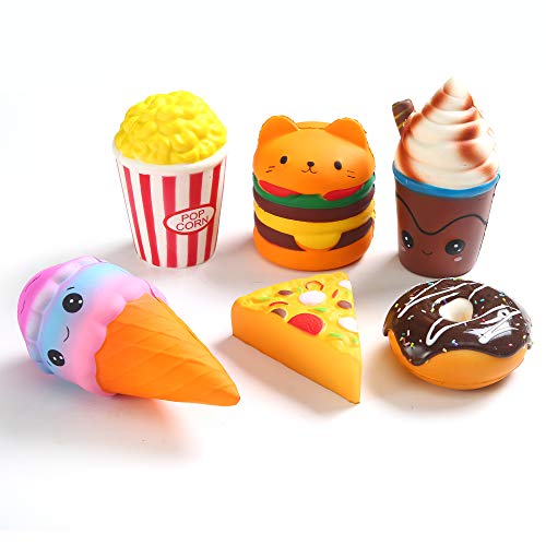 KINGYAO 6pcs Slow Rising squishies Squishy Toys Jumbo squishies, Hamburger Popcorn Cake Ice Cream Pizza Kawaii Squishy Toys or Stress Relief Squeeze Toys Party Favors for Kids Adults Decorative Props