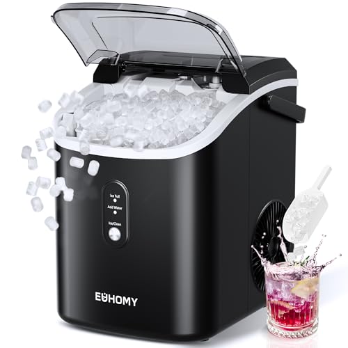 EUHOMY Nugget Ice Maker Countertop with Handle, Ready in 6 Mins, 34lbs/24H, Removable Top Cover, Auto-Cleaning, Portable Sonic Ice Maker with Basket and Scoop, for Home/Party/RV/Camping. (Black)