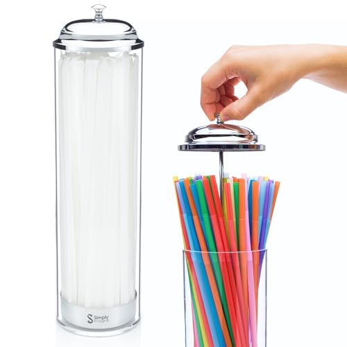 SimplyImagine Acrylic Straw Holder- 13 Inch Tall Drinking Straw Dispenser for Smoothie Tubes, Retro Reusable Storage Container of House Supplies- Metal Base and Lid with 20 Clear Straws in White Pack