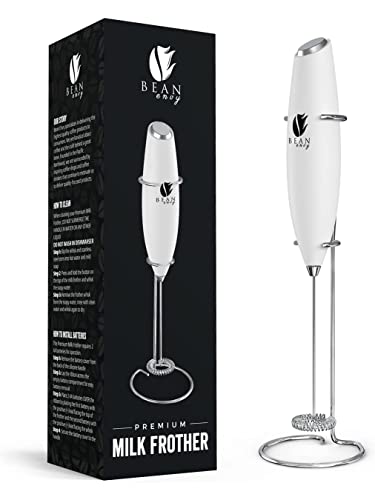 Bean Envy Handheld Milk Frother for Coffee - Electric Hand Blender, Mini Drink Mixer Whisk & Coffee Foamer Wand w/Stand for Lattes, Matcha and Hot Chocolate - Kitchen Gifts - White