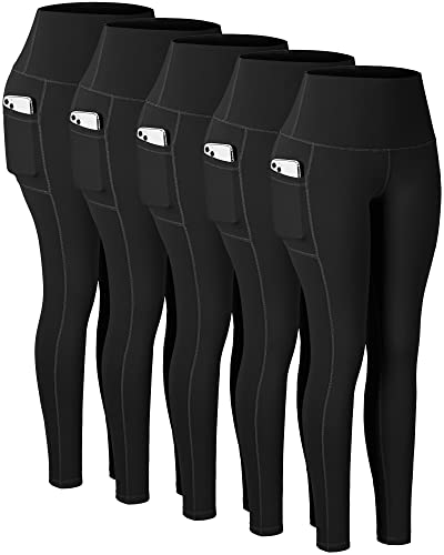 CHRLEISURE Leggings with Pockets for Women, High Waisted Tummy Control Workout Yoga Pants(Black, L)