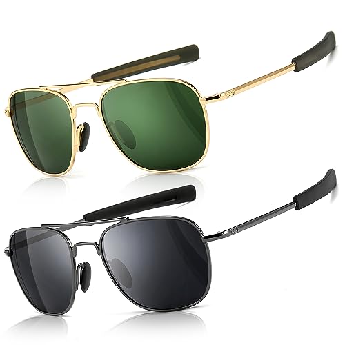 SUNGAIT Men's Military Style Polarized Pilot Aviator Sunglasses - Bayonet Temples (Gold/Dark Green + Gunmetal/Gray) SGT285JKML-QKH