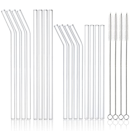 20 Pack Reusable Glass Straws and Brushs, Size 10''x10MM and 8.5''x10MM Each Including 4 Straight and 4 Bent, Clear Glass Drinking Straw with 4 Cleaning Brushes Perfect for Juice, Smoothies, Cocktail