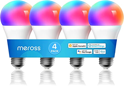 Meross Smart Light Bulb, Smart WiFi LED Bulbs Compatible with Apple HomeKit, Siri, Alexa, Google Assistant and SmartThings, Dimmable E26 Multicolor 2700K-6500K RGBWW, 900 Lumens 60W Equivalent, 4 Pack