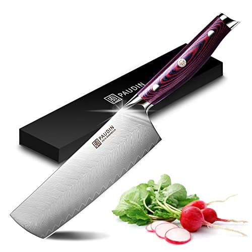 PAUDIN Damascus Nakiri Knife,7 Inch Japanese Damascus 67-layers VG10 High Carbon Stainless steel Knife, Ultra Sharp Vegetable Knife, Plume Pattern Kitchen Knife with Ergonomic G10 Handle