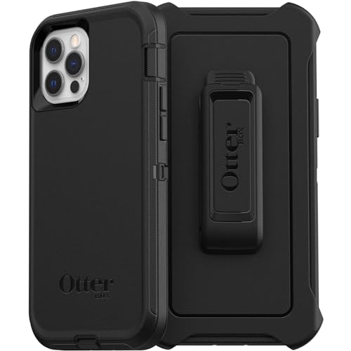 OtterBox iPhone 12 & iPhone 12 Pro Defender Series Case - BLACK, rugged & durable, with port protection, includes holster clip kickstand