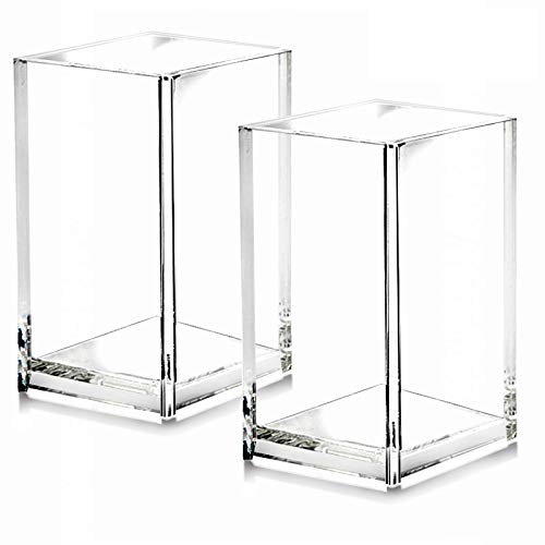 2 Pack Clear Acrylic Pencil Pen Holder Cup,Desk Accessories Holder,Makeup Brush Storage Organizer,Modern Design Desktop Stationery Organizer for Office School Home Supplies,2.6x 2.6x 4 inches