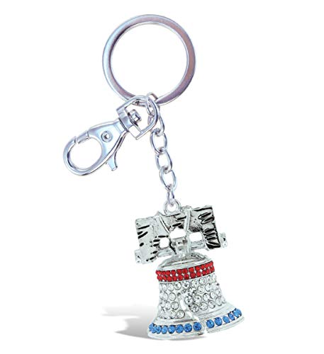 Aqua79 Liberty Bell Keychain - Silver 3D Sparkling Charm Rhinestones Fashionable Stylish Metal Alloy Durable Key Ring Bling Crystal Jewelry Accessory With Clasp