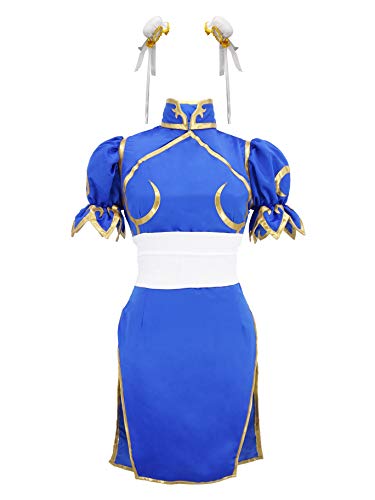 DAZCOS Women's US Size Game Fighter Cosplay Costume Blue Cheongsam with Hair Accessories and Waistband Halloween Costume