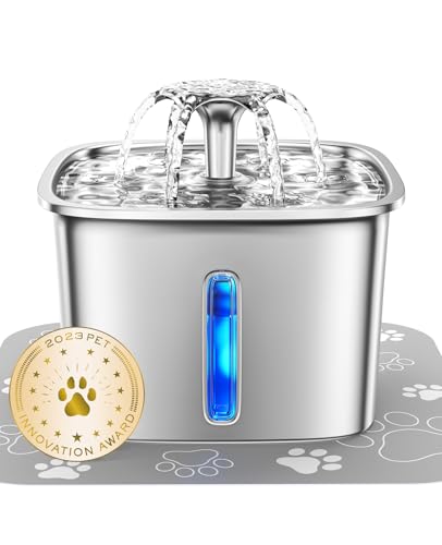 Veken Innovation Award Winner Stainless Steel Cat Water Fountain, 95oz/2.8L Automatic Pet Fountain Dog Water Dispenser with Replacement Filters & Silicone Mat for Cats, Dogs, Multiple Pets (Silver)