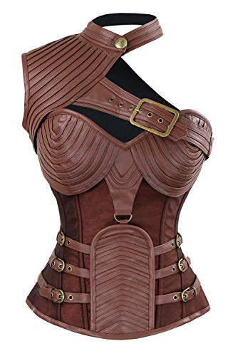 Charmian Women's Steampunk Gothic Heavy Strong Steel Boned Corset with Zipper Brown Large