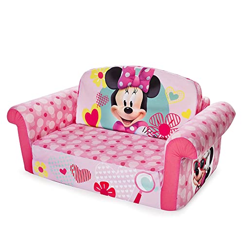 Marshmallow Furniture Minnie Mouse 2 in 1 Flip Open Foam Lightweight Comfortable Compressed Lounging Chair and Extendable Sleeper Bed for Kids, Pink