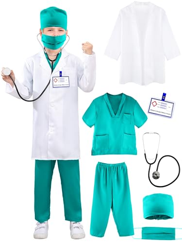 Puteraya Kids Doctor Costume Set Surgical Doctor Suit Uniform with Stethoscope Toys for Boys Girls Dress Up Halloween Cosplay (Doctor Costume set 1, 12-16 Years(150-170 cm))