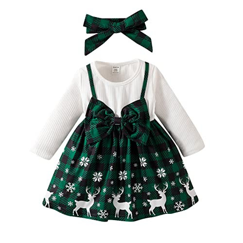 Toddler Baby Girl Christmas Green Snowflake Outfit Long Sleeve Princess Dress Headband 2Pcs Set Dot Dress for Girls