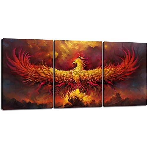 Fire Phoenix Wall Art Prints Volcanic Burning Phoenix Birds Canvas Picture Posters Prints Artwork 3 Piece Home Office Living Room Bedroom Decor Framed Ready to Hang - 36' W x 16' H