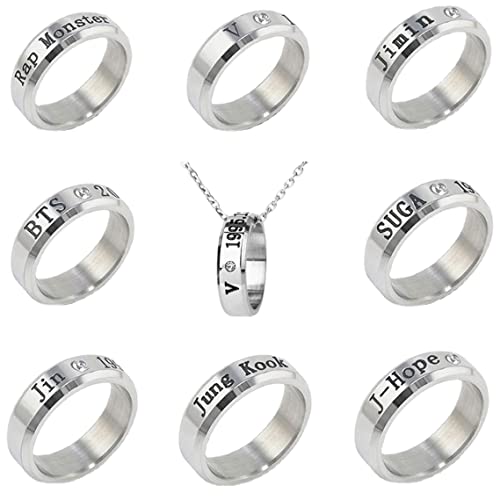 YX&ST 8 Pack BTS Bangtan Boys Ring with Necklace for Army Gifts