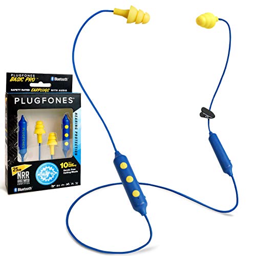 Plugfones Basic Pro Wireless Bluetooth in-Ear Earplug Earbuds - Noise Reduction Headphones with Noise Isolating Mic and Controls (Blue & Yellow)