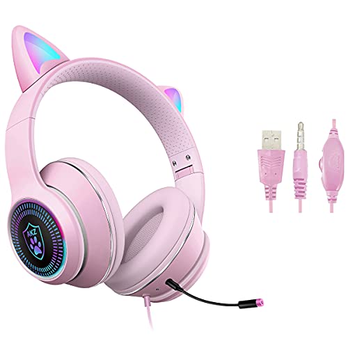 VIGROS Cat Ear Gaming Headset with Mic RGB LED Light, Flashing Glowing Stereo Headphones, 7.1 Stereo Sound Surround Over-Ear Headset for PC, PS4, PS5, Nintendo Switch,Mobile(Pink)