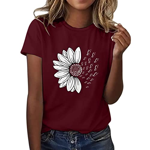 Todays Daily Deals Clearance Shirts for Women Spring Summer Casual Trendy 2024 Print Graphic Short Sleeve Tunic Tops Round Neck Tees Plus Size Blouse Cute T Shirts Boho Clothes Pullover Wine