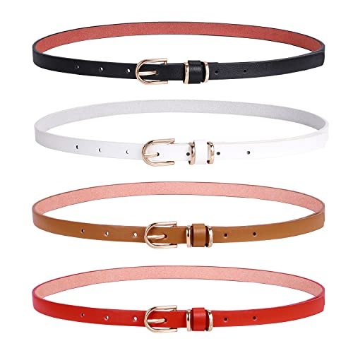 SANSTHS 4 Pack Women Thin Belts for Jeans Dresses Coats Skinny Women Belt with Gold Alloy Buckle, Black+White+Brown+Red L