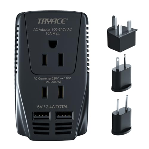 TryAce 2000W Exclusive Voltage Converter and 10A Travel Adapter with 2-Port USB,Power Converter Step Down 220V to 110V for Hair Dryer/Straightener/Curling Iron,US/UK/EU Plug, Black, A9