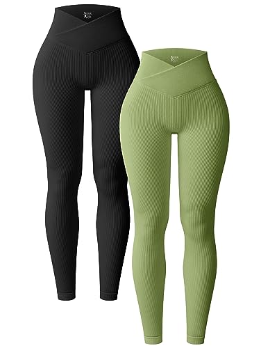 OQQ Women's 2 Piece Yoga Leggings Ribbed Seamless Workout High Waist Cross Over Athletic Exercise Leggings Bkack Avocado Green