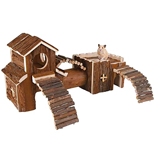 Natural Wooden Hamster Tunnel Playground Small Animal Multi-Room Hideouts Houses with Climbing Ladders & Bridge for Dwarf Hamster Mice and Other Small Animals,18.5 * 8.7 * 6 Inch