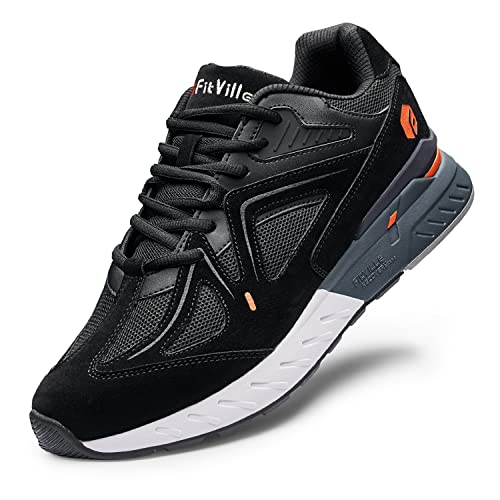 FitVille Wide Walking Shoes for Men Wide Width Sneakers for Flat Feet Arch Fit Heel Pain Relief - Rebound Core (10.5 Wide, Black)