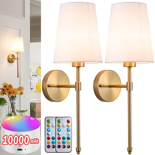 Battery Operated Wall Sconce Light with Remote Control, Dimmable Set of 2 White Fabric Shade, Indoor Wireless Lamp For Bedroom Living Room, Bulb Included (