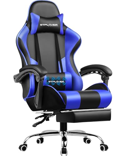 GTPLAYER Gaming Chair, Computer Chair with Footrest and Lumbar Support, Height Adjustable Game Chair with 360°-Swivel Seat and Headrest and for Office or Gaming (Faux Leather, Blue)