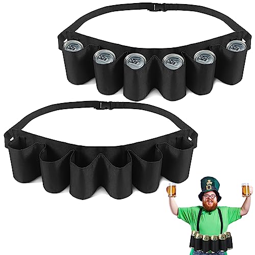 Jiuguva 2 Pcs 6 Pack Beer Belt Holder for Men 6 Cans Beer Can Holder for Drinking Adjustable Black Beer Drinking Accessories for Halloween Christmas Men Women Outdoor Camping Hiking Picnic Party