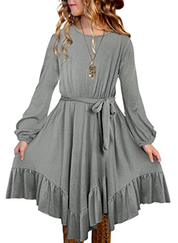 blibean Girl Fall Boho Dress Kid Long Sleeve Tween Bohemian A-Line Round Neck Skater Dresses Solid Maxi Flowy Swing Clothes Size 10 11 12 Years X-Large Grey