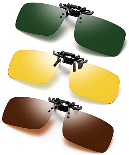 FF FRAZALA Polarized Clip-on Sunglasses 3 PACK Anti-Glare UV Protection Sunglasses Over Prescription Glasses (dark green&night yellow&brown)
