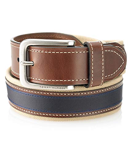 Tommy Hilfiger Men's Ribbon Inlay Fabric Belt with Single Prong Buckle, Khaki/Brown/Navy, 34