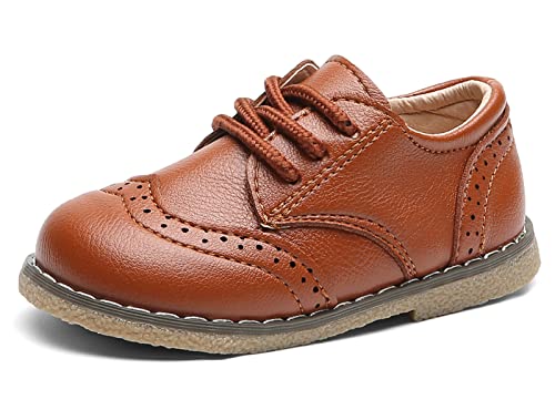 DADAWEN Toddler Boys Girls Dress Shoes Comfort Oxford Shoes Wedding Church Dress Shoes Lace Up School Uniform Loafer Flats (Toddler/Little Kid) Brown US Size 7 M Toddler