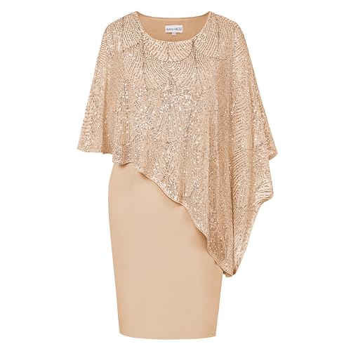 Hanna Nikole Women's Sleeveless Cape Dress with Sequin Overlay Sequin Bodycon Pencil Dress