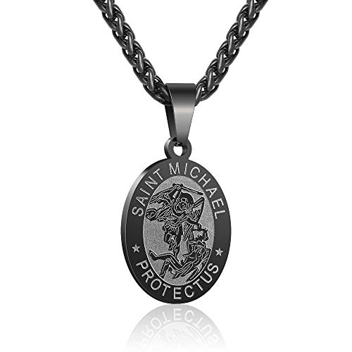 RS Black St Saint Michael Medal Necklace for Men Boys Stainless Steel Pendant Chain Catholic Religious Baptism First Communion Confirmation Jewelry Gifts Teen Teenage Him Son