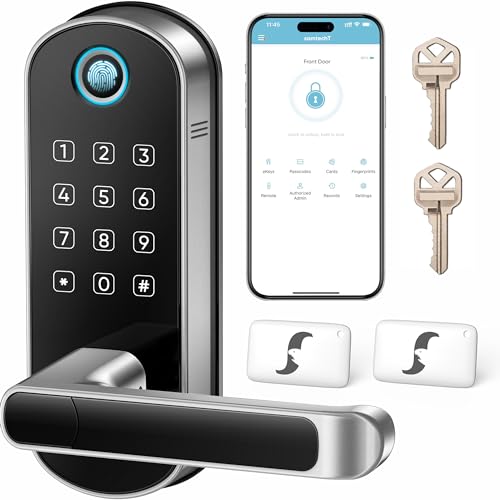 samtechT Keyless Entry Smart Door Lock with Door Handle, Wi-Fi Digital Fingerprint Door Lock, Door Lock for Front Door, Front Door Bluetooth Smart Lock, Door Lever, Door Knob, Deadbolt Alternatives
