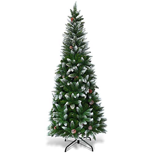 Goplus 5ft Artificial Pencil Christmas Tree, Snow Flocked Unlit Slim Xmas Tree with 21 Pine Cones, 421 PVC Branch Tips, Metal Stand, for Indoor Holiday Home Office Décor